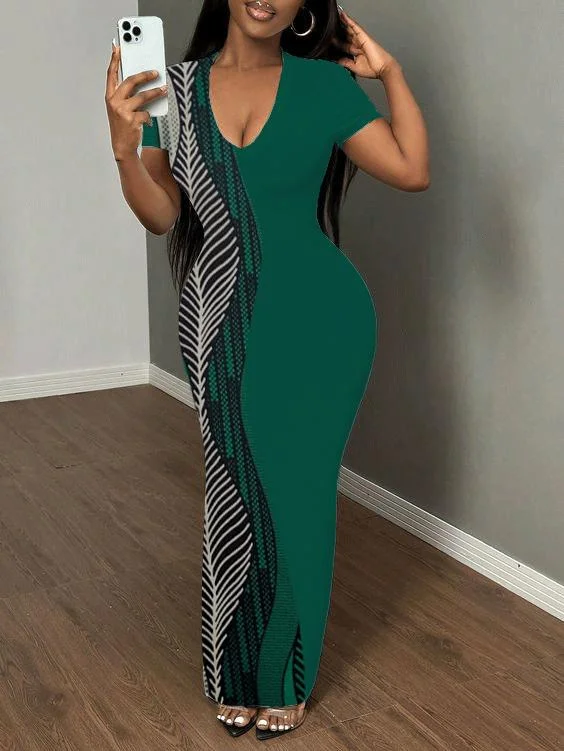 African Pattern Print Short Sleeve Bodycon Maxi Dress Trendy Short Sleeve Maxi Dress African Pattern Print Short Sleeve Bodycon Maxi Dress Trendy Short Sleeve Maxi Dress