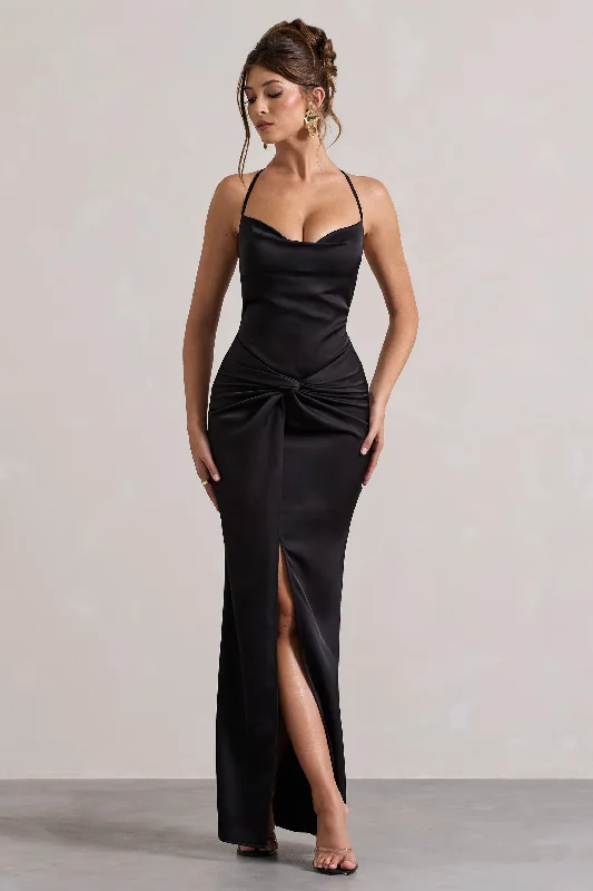 Hermosa | Black Satin Cowl-Neck Twisted Split Maxi Dress Fashionable Layered Maxi Dress Hermosa | Black Satin Cowl-Neck Twisted Split Maxi Dress Fashionable Layered Maxi Dress