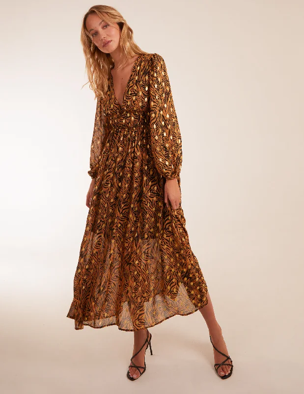 Shirred Waist Animal And Foil Print Maxi Dress Cozy Maxi Dress with Slit