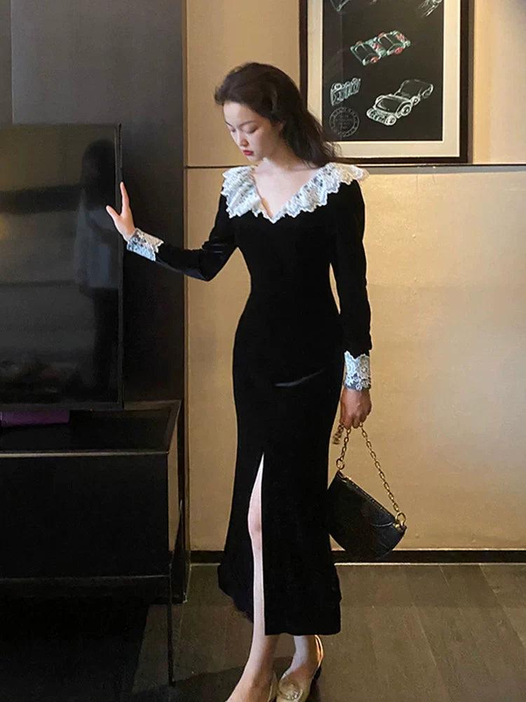 Gold Velvet Maxi Dress: Elegant Retro V-Neck Charm Cozy Knit Maxi Dress