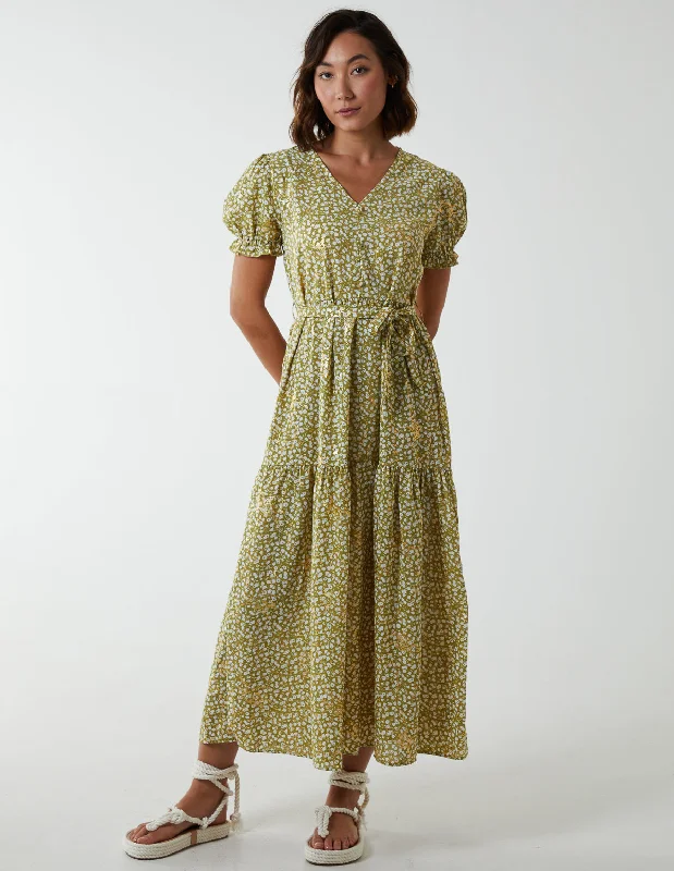 Belted Ditsy Maxi Dress Cozy Ruffle Sleeve Maxi Dress