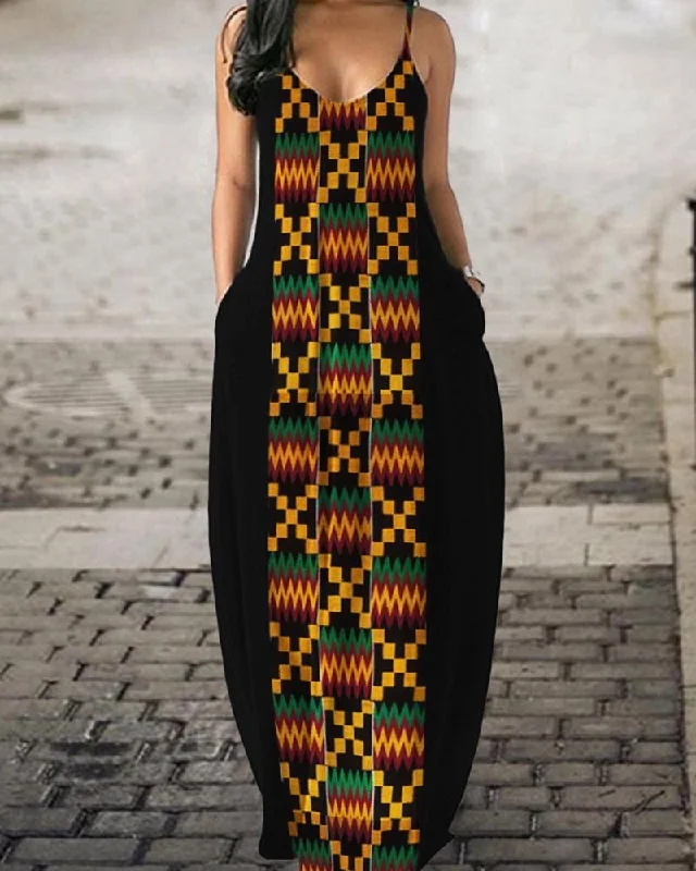 Black Pride Ethnic Kente Inspired Maxi Dress Elegant Tiered Maxi Dress