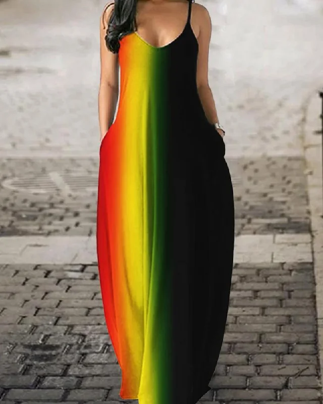 Black Pride Rasta Gradient Contrast Maxi Dress Trendy Floral Print Maxi Dress