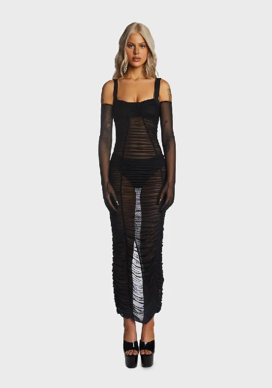 Black Sheer Tulle Maxi Dress With Gloves Trendy Floral Print Maxi Dress