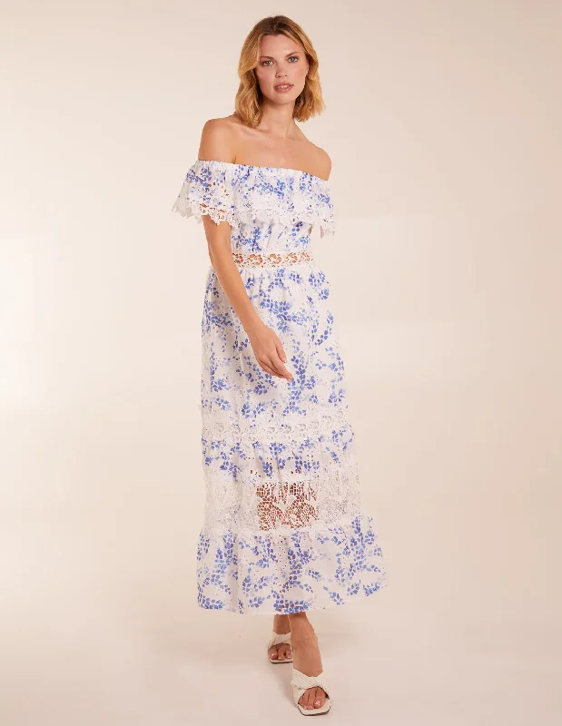 Bardot Neck Lace Maxi Dress Elegant Lace-Up Maxi Dress