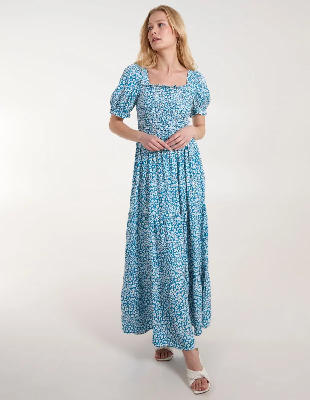 Milkmaid Square Neck Short Puff Sleeve Maxi Dress Elegant Maxi Dress with Pockets