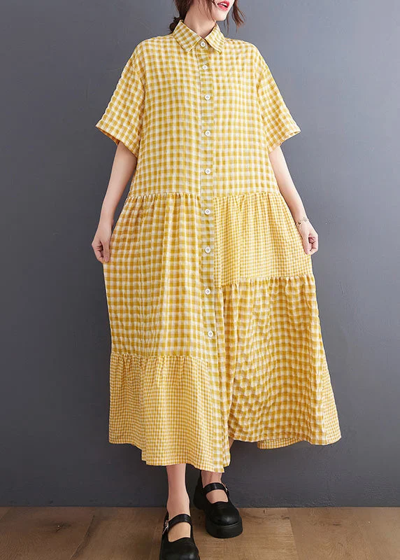 Boutique Yellow Peter Pan Collar Plaid Maxi Dresses Summer Fashionable Faux Wrap Maxi Dress Boutique Yellow Peter Pan Collar Plaid Maxi Dresses Summer Fashionable Faux Wrap Maxi Dress