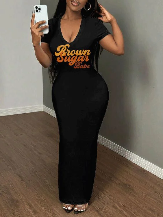 Brown Sugar Babe Print Short Sleeve Bodycon Maxi Dress Cozy Longline Maxi Dress
