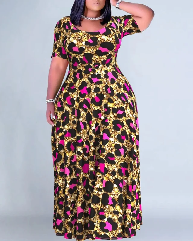 Casual Multicolor Leopard Round Neck Short Sleeve Maxi Dresses Elegant Maxi Dress with Belt Casual Multicolor Leopard Round Neck Short Sleeve Maxi Dresses Elegant Maxi Dress with Belt