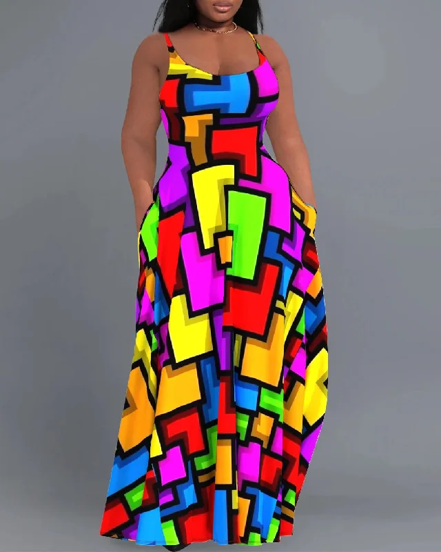 Casual Sundress Colorful Geometric Colorblock Cami With Pockets Maxi Dress Comfortable Maxi Dress with Slits Casual Sundress Colorful Geometric Colorblock Cami With Pockets Maxi Dress Comfortable Maxi Dress with Slits