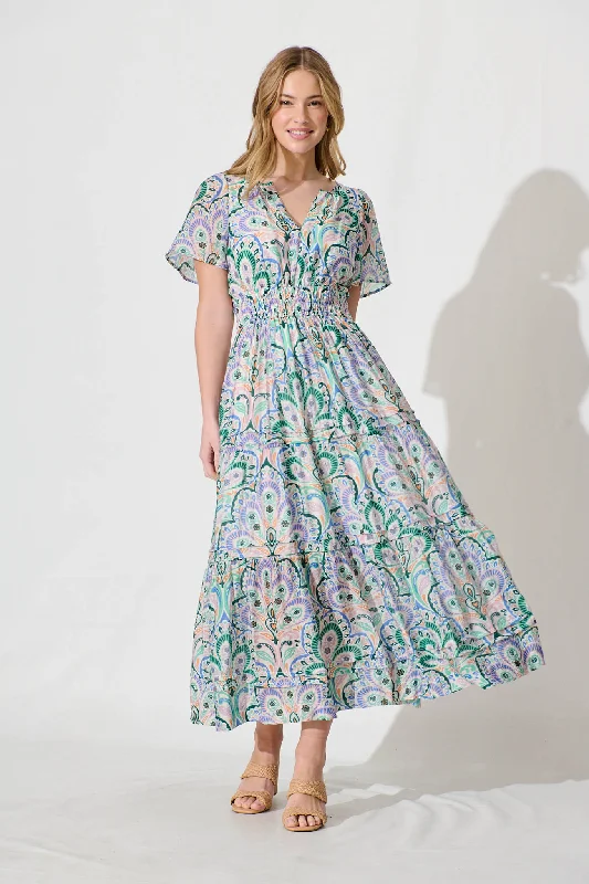Catania Maxi Dress In Jade And Blue Paisley Print Elegant Wraparound Maxi Dress