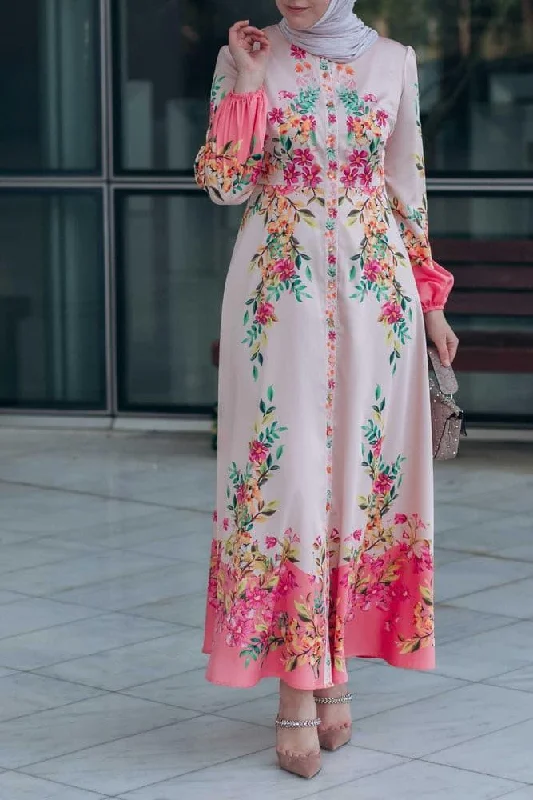 Cemile floral print maxi dress with long sleeve and front button fastening Fashionable Open-Back Maxi Dress Cemile floral print maxi dress with long sleeve and front button fastening Fashionable Open-Back Maxi Dress