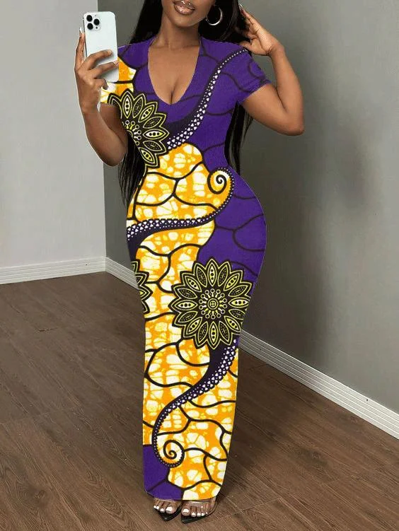 Colorblock African Pattern Print Short Sleeve Bodycon Maxi Dress Trendy Fit-and-Flare Maxi Dress Colorblock African Pattern Print Short Sleeve Bodycon Maxi Dress Trendy Fit-and-Flare Maxi Dress