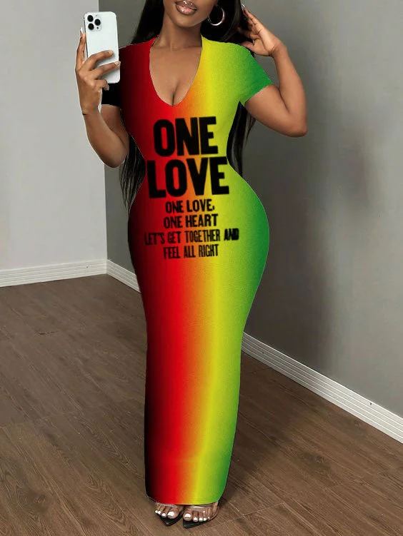 Colorful One Love Print Short Sleeve Bodycon Maxi Dress Trendy Maxi Dress with Lace