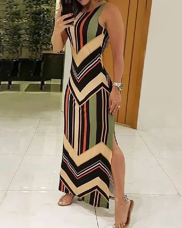 Zjkrl - Colorful Striped Print Side Slit Maxi Dress Women Colorblock Sleeveless Slim Long Dresses Elegant Lace Maxi Dress Zjkrl - Colorful Striped Print Side Slit Maxi Dress Women Colorblock Sleeveless Slim Long Dresses Elegant Lace Maxi Dress