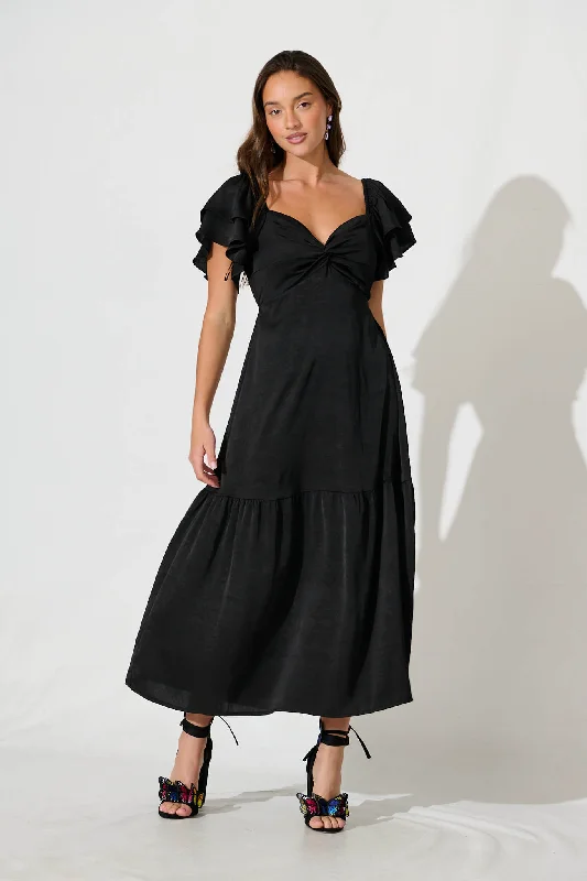 Constantine Maxi Dress In Black Crinkle Satin Elegant Boho Maxi Dress