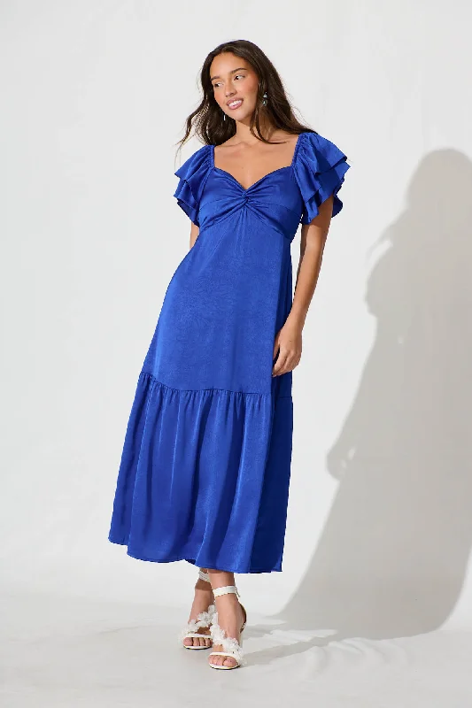 Constantine Maxi Dress In Cobalt Crinkle Satin Cozy Cold-Shoulder Maxi Dress