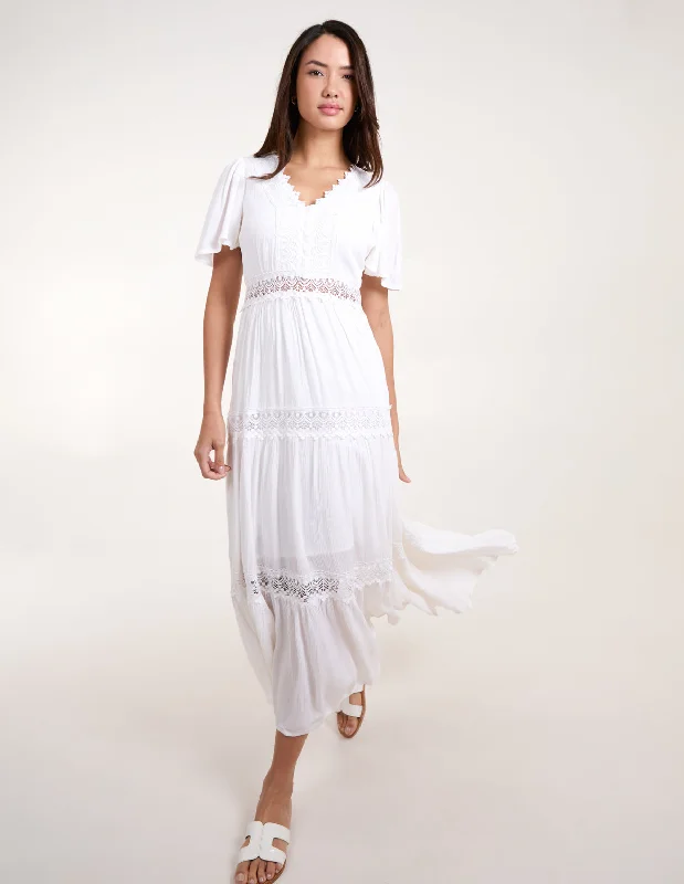 Crochet Detailing Angel Sleeve Tiered Maxi Dress Elegant Velvet Maxi Dress