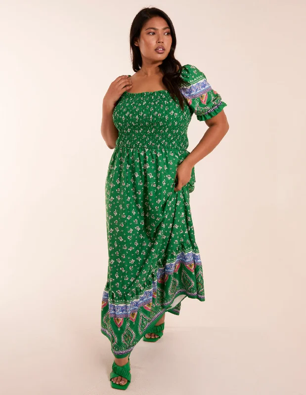 Curve Milkmaid Shirred Floral Maxi Dress Elegant Maxi Dress with Drapes