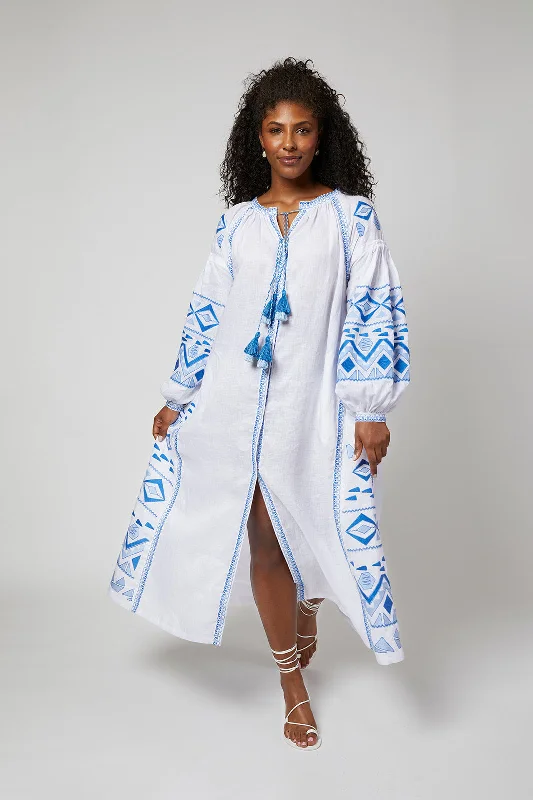 Daniela Ukrainian Embroidered Maxi Dress / Kaftan - White, Blue by Larkin Lane Comfortable Fit-and-Flare Maxi Dress Daniela Ukrainian Embroidered Maxi Dress / Kaftan - White, Blue by Larkin Lane Comfortable Fit-and-Flare Maxi Dress