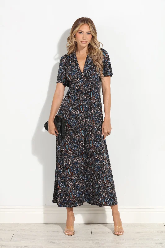 Alona Stretch Deep V Flutter Sleeve Maxi Dress-BEST SELLER Cozy Wrap Maxi Dress