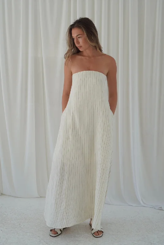 Easy Strapless Maxi Dress - Khaki Pinstripe Elegant Floral Maxi Dress