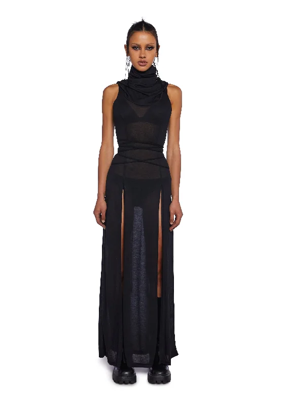 Echo Hooded Slit Maxi Dress - Black Cozy Maxi Dress with Slit