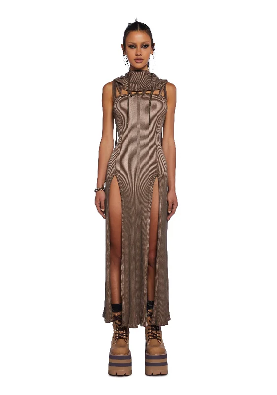 Echo Hooded Slit Maxi Dress - Brown Fashionable Halter Neck Maxi Dress