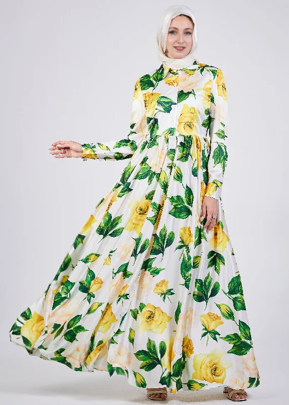 Manal Elegance Satin Maxi Dress with Yellow Rose Floral Print Classic V-Neck Maxi Dress Manal Elegance Satin Maxi Dress with Yellow Rose Floral Print Classic V-Neck Maxi Dress