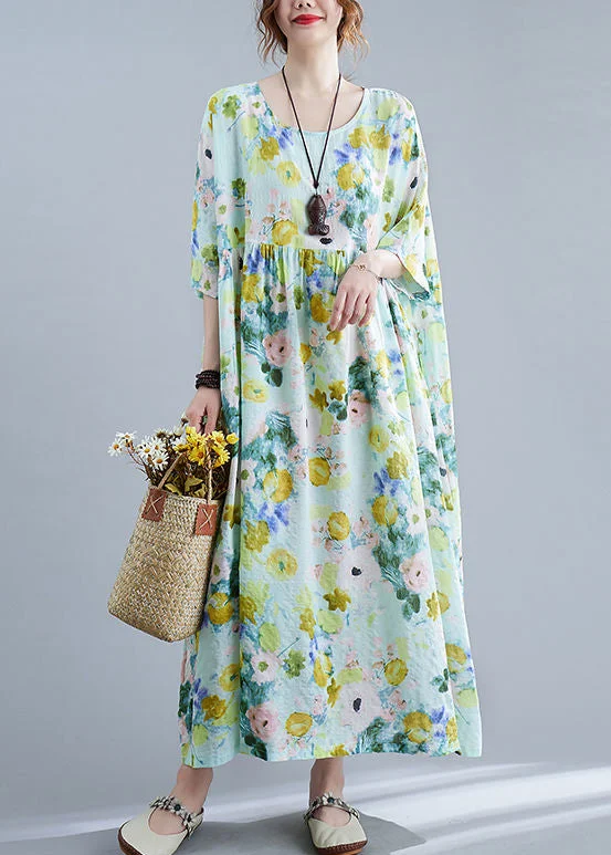 Elegant Green Oversized Print Cotton Maxi Dresses Summer Comfortable Bohemian Maxi Dress Elegant Green Oversized Print Cotton Maxi Dresses Summer Comfortable Bohemian Maxi Dress