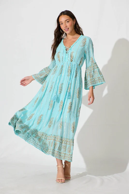Ellie Maxi Dress in Aqua Blue with Gold Print Fashionable Off-Shoulder Maxi Dress