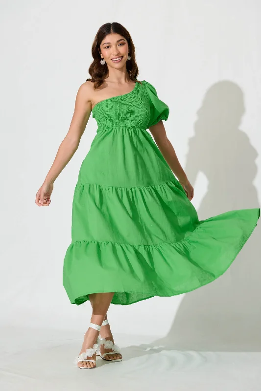 Elyria Maxi Dress In Green Cotton Linen Blend Classic V-Neck Maxi Dress