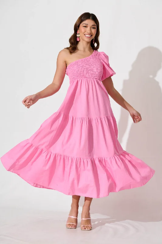 Elyria Maxi Dress In Pink Cotton Linen Blend Fashionable Maxi Dress with Fringe