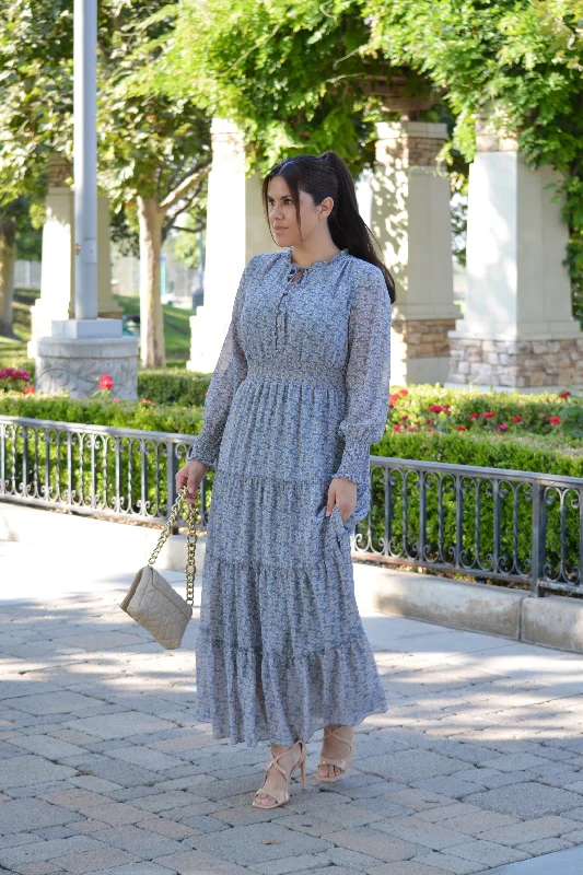 Etta Light Blue Small Floral Maxi Dress Trendy Off-Shoulder Ruffle Maxi Dress