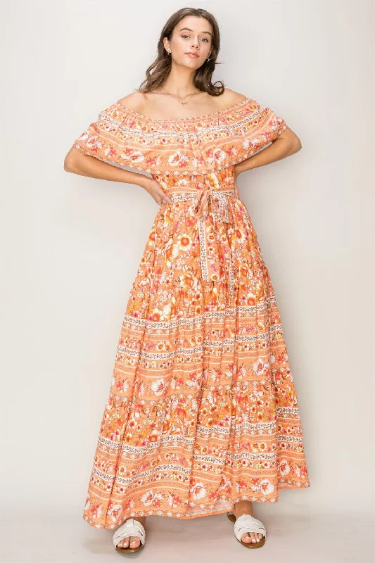 Floral Off-Shoulder Tie Front Maxi Dress Elegant Maxi Dress with Belt
