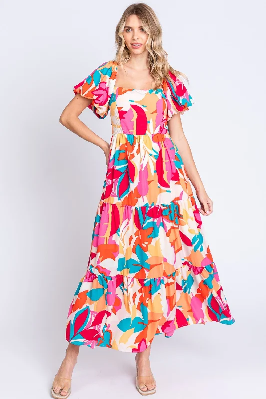 GeeGee Full Size Printed Smocked Back Tiered Maxi Dress Classic A-Line Maxi Dress