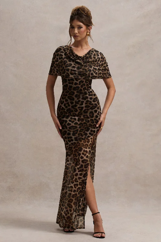 Gomez | Leopard Print Mesh Cowl-Neck Split Maxi Dress Chic Summer Floral Maxi Dress