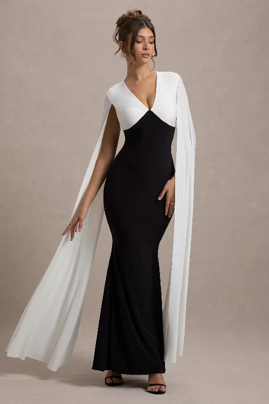 Grace Kelly | Black & White Plunge-Neck Maxi Dress With Cape Sleeves Comfortable Fitted Maxi Dress Grace Kelly | Black & White Plunge-Neck Maxi Dress With Cape Sleeves Comfortable Fitted Maxi Dress