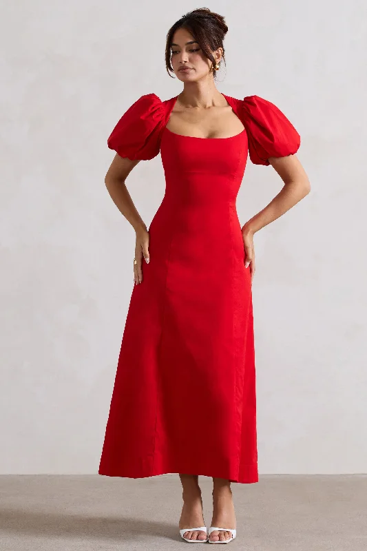 Hacienda | Red Poplin Puff-Sleeve Maxi Dress Trendy Button Front Maxi Dress