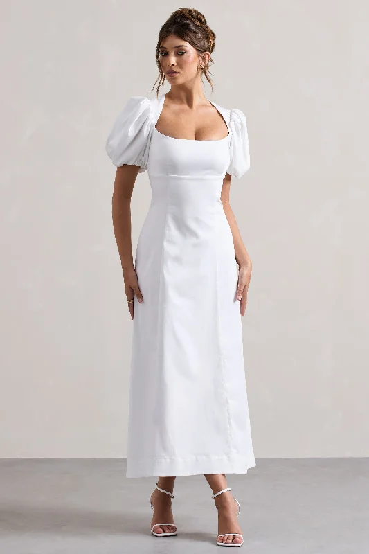 Hacienda | White Poplin Puff-Sleeve Maxi Dress Trendy Ruffled Maxi Dress