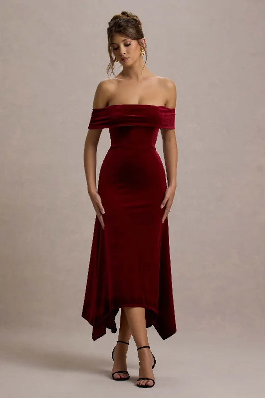 Halia | Berry Velvet Bardot Maxi Dress Classic Strapless Maxi Dress