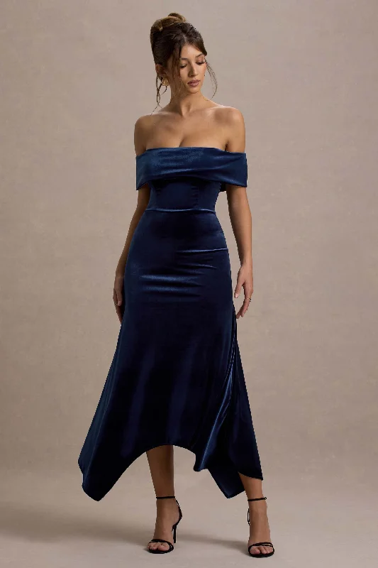 Halia | Navy Velvet Bardot Maxi Dress Comfortable Maxi Dress with Belt