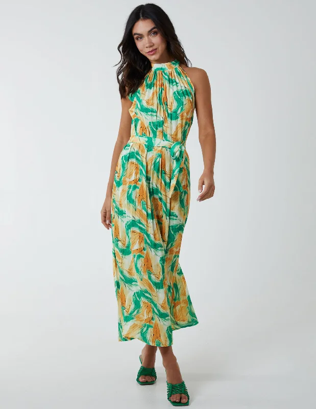 Halterneck Abstract Leaves Maxi Dress Stylish Boho Chic Maxi Dress