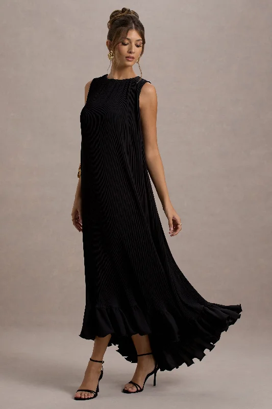 Hazelle | Black Chiffon A-Line Ruffled Maxi Dress Fashionable High-Low Maxi Dress