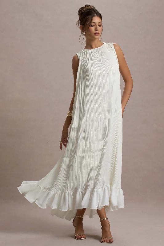 Hazelle | Cream Chiffon A-Line Ruffled Maxi Dress Stylish Pleated A-Line Maxi Dress