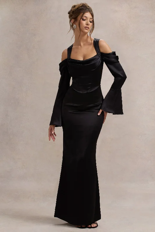 Heartthrob | Black Satin Draped Bardot Maxi Dress Elegant Floral Maxi Dress