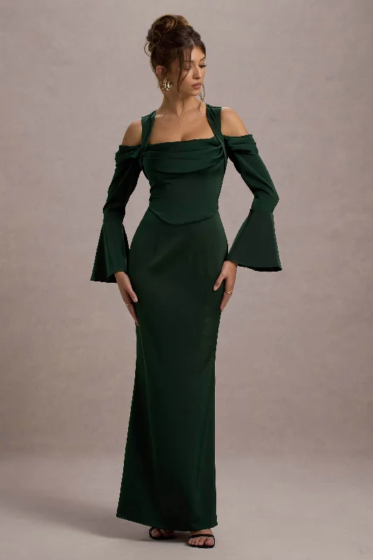 Heartthrob | Green Satin Draped Bardot Maxi Dress Fashionable Button-Down Maxi Dress Heartthrob | Green Satin Draped Bardot Maxi Dress Fashionable Button-Down Maxi Dress