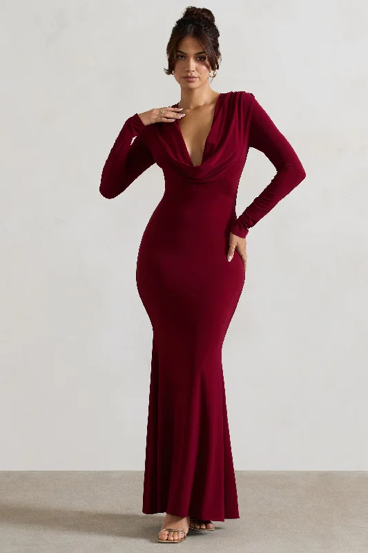 Heavy Heart | Berry Cowl-Neck Long-Sleeve Maxi Dress Comfortable Satin Maxi Dress