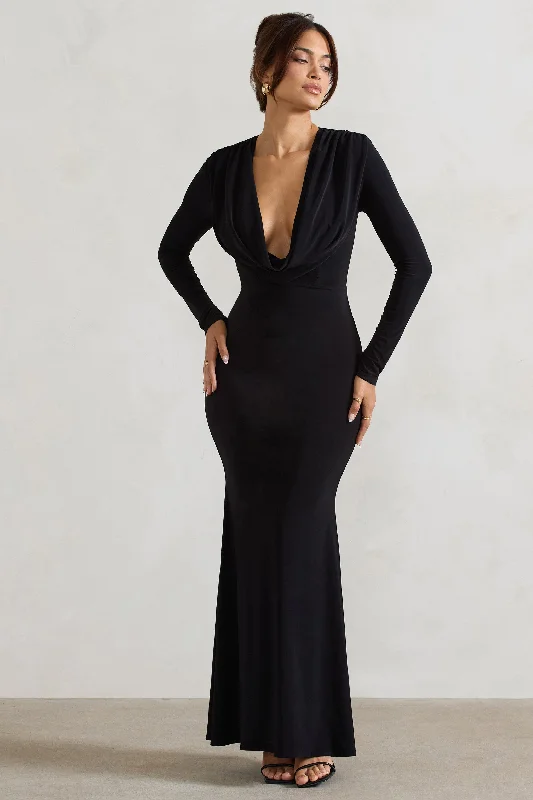 Heavy Heart | Black Cowl-Neck Long-Sleeve Maxi Dress Fashionable High-Low Maxi Dress