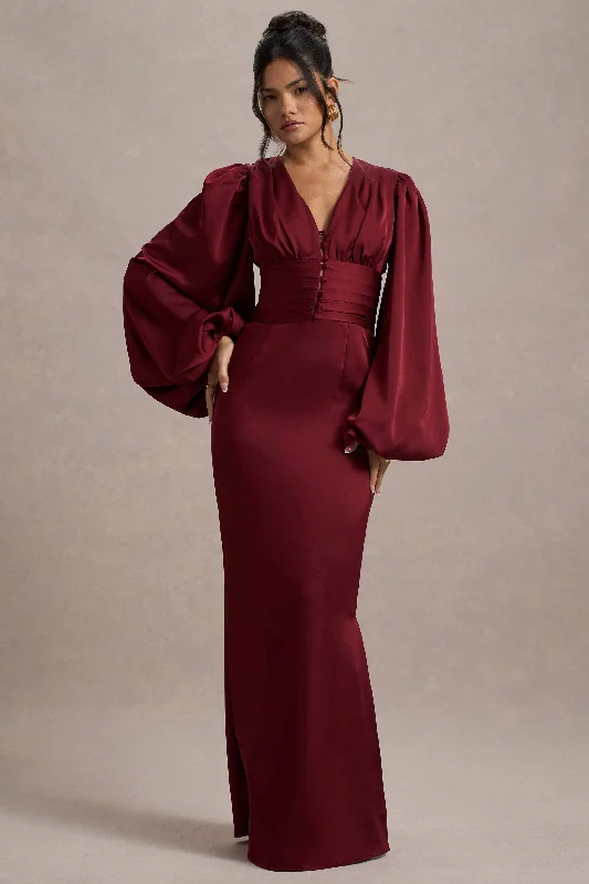 Helsinki | Berry Satin V-Neck Balloon Sleeve Maxi Dress Stylish Maxi Dress with Pleats Helsinki | Berry Satin V-Neck Balloon Sleeve Maxi Dress Stylish Maxi Dress with Pleats